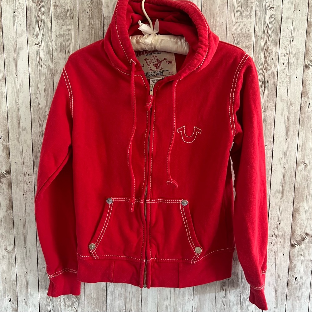 True Religion Red Zip-Up Hoodie Sweatshirt
